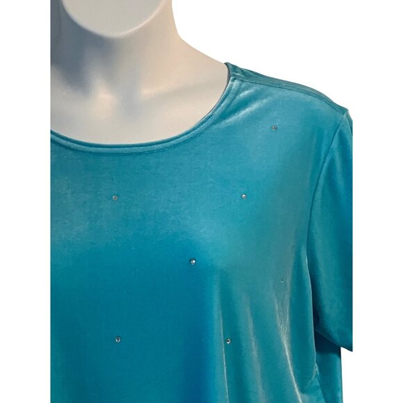 Quacker Factory Size 1X Velvet Blue Short Sleeve Shirt Rhinestone Embellishments - Picture 3 of 7